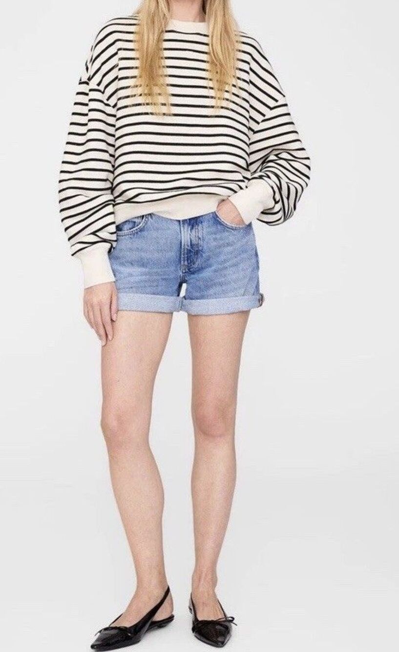 Anine Bing Dean Sweatshirt Women Small Black Stripe Cotton Ribbed Trim Crewneck